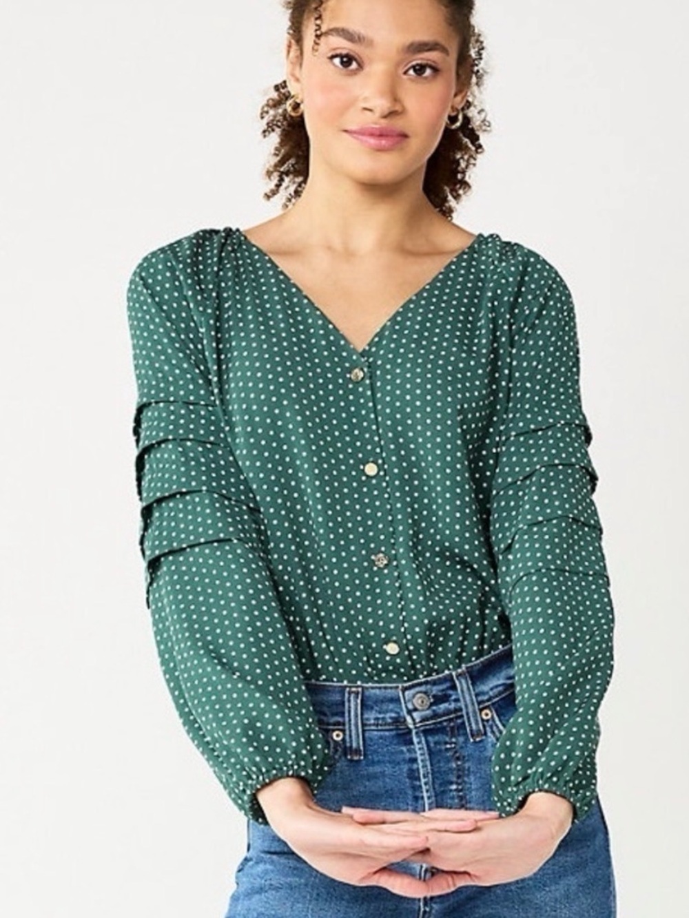 Draper James Green Polka Dot V-Neck Button Blouse